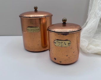Vintage Copper Tea and Coffee Canister Set | Mid Century Copper Kitchen Storage with Brass Labels | Rustic Farmhouse Kitchen Decor