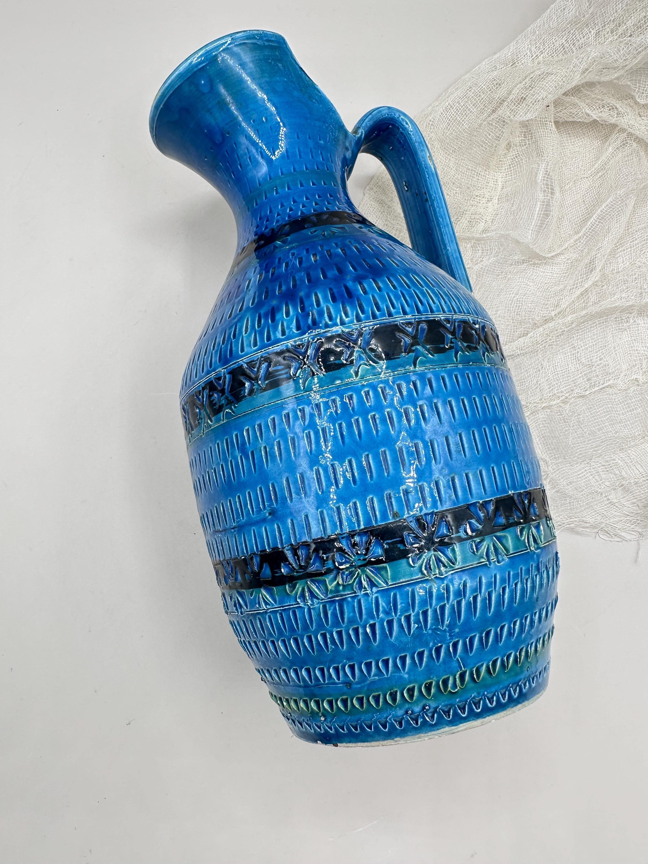 ヴィンテージブルー釉陶器ピッチャー | 手絞り陶器の水差し | 素朴な