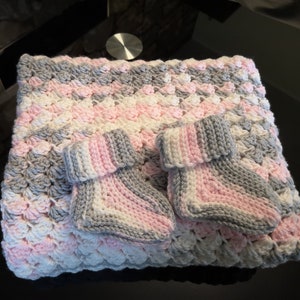 Baby blanket with socks, stroller blanket. Soft, warm, cozy blanket crocheted from baby wool.