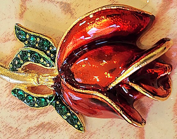 NEW Vintage Enamel Ruby Rose Pin, Dark Red Sculpted P… - Gem