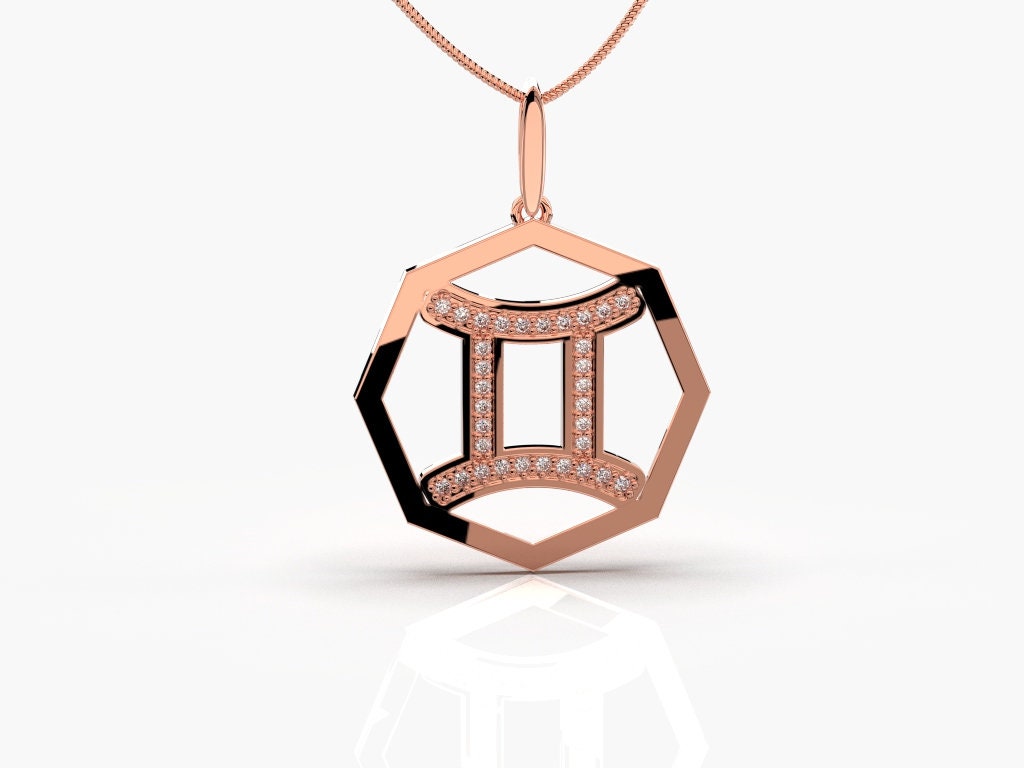 Solid Gold Gemini Sign Zodiac GH/VSSI Round Diamond Pave Set Etsy