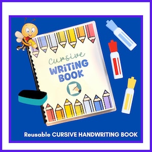 May include: Reusable cursive handwriting book with a blue cover and colorful pencils. The book has a bee illustration on the front cover and the words "Cursive Writing Book".