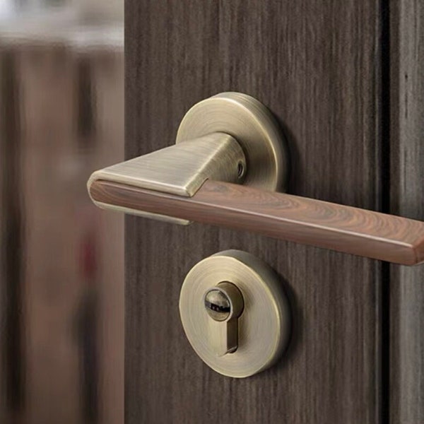 Minimalistic split wooden door lock handle, wooden bronze and black mute magnetic door handle, door lock lever with hinges and stopper