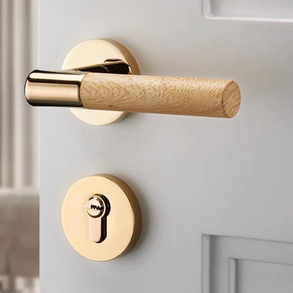 Golden wood door lever, trendy designer door handle lock