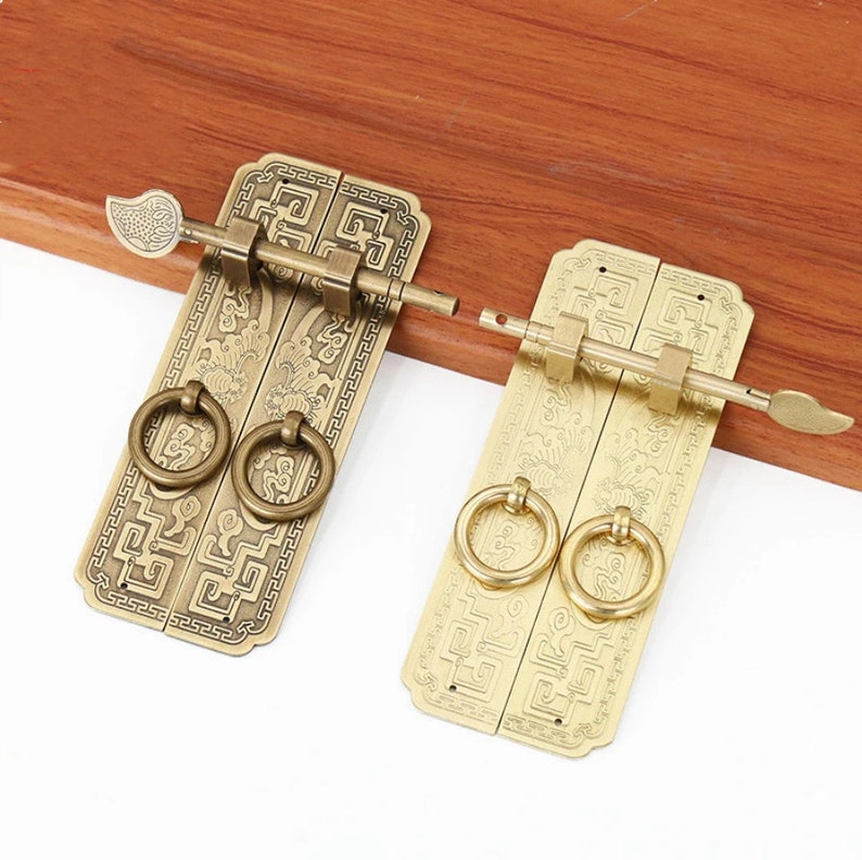 Vintage Chinese hasp, lock catch antique brass, retro asian latch, door safe latch lock image 2