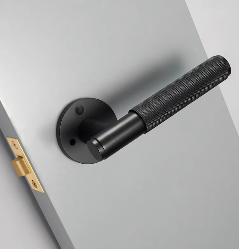 Brass door lever, knurled privacy door lock, door lever handle modern image 8