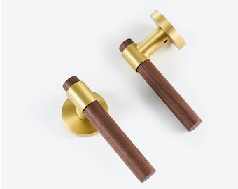 Interior privacy door handle, door lever handle in walnut wood with golden elements, door handles with privacy lock