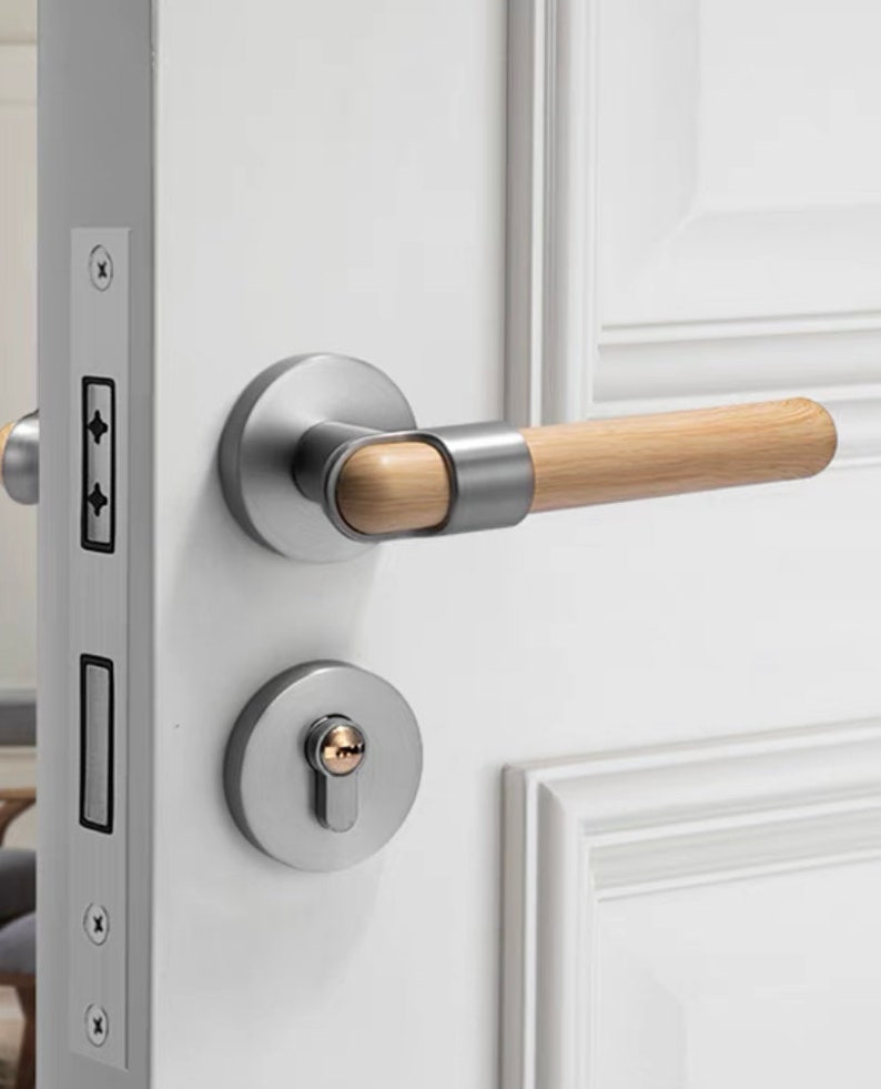 Oak Wood Door Lever Brushed Nickel Door Lock Handle Etsy