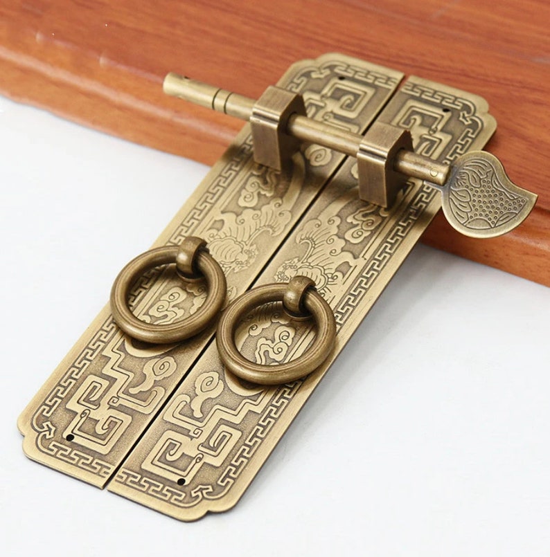 Vintage Chinese hasp, lock catch antique brass, retro asian latch, door safe latch lock Bronze