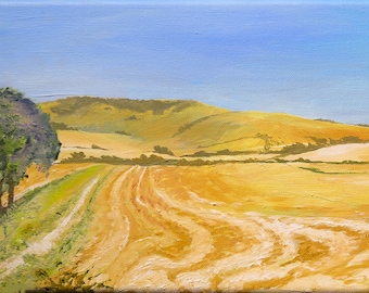 Looking west from Berwick: a small panoramic oil painting of sunlit cornfields on the South Downs.