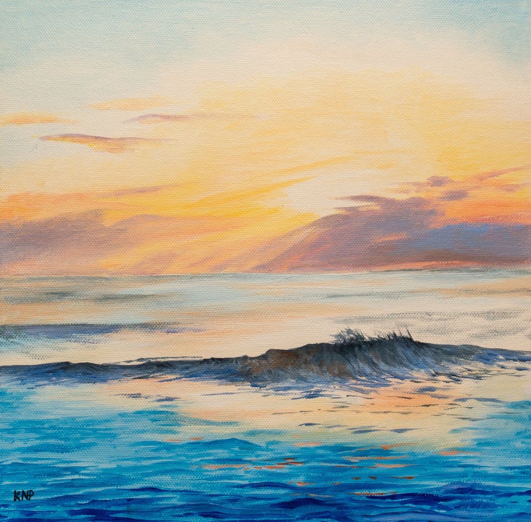 Paysage marin au coucher du soleil. Petite peinture à l'huile sur toile ...