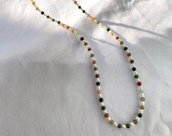 Indian Agate Crystal Gemstones Freshwater Pearl Beaded Necklace Choker, Authentic Freshwater Pearl Ovals, 14K Gold-Filled Hardware