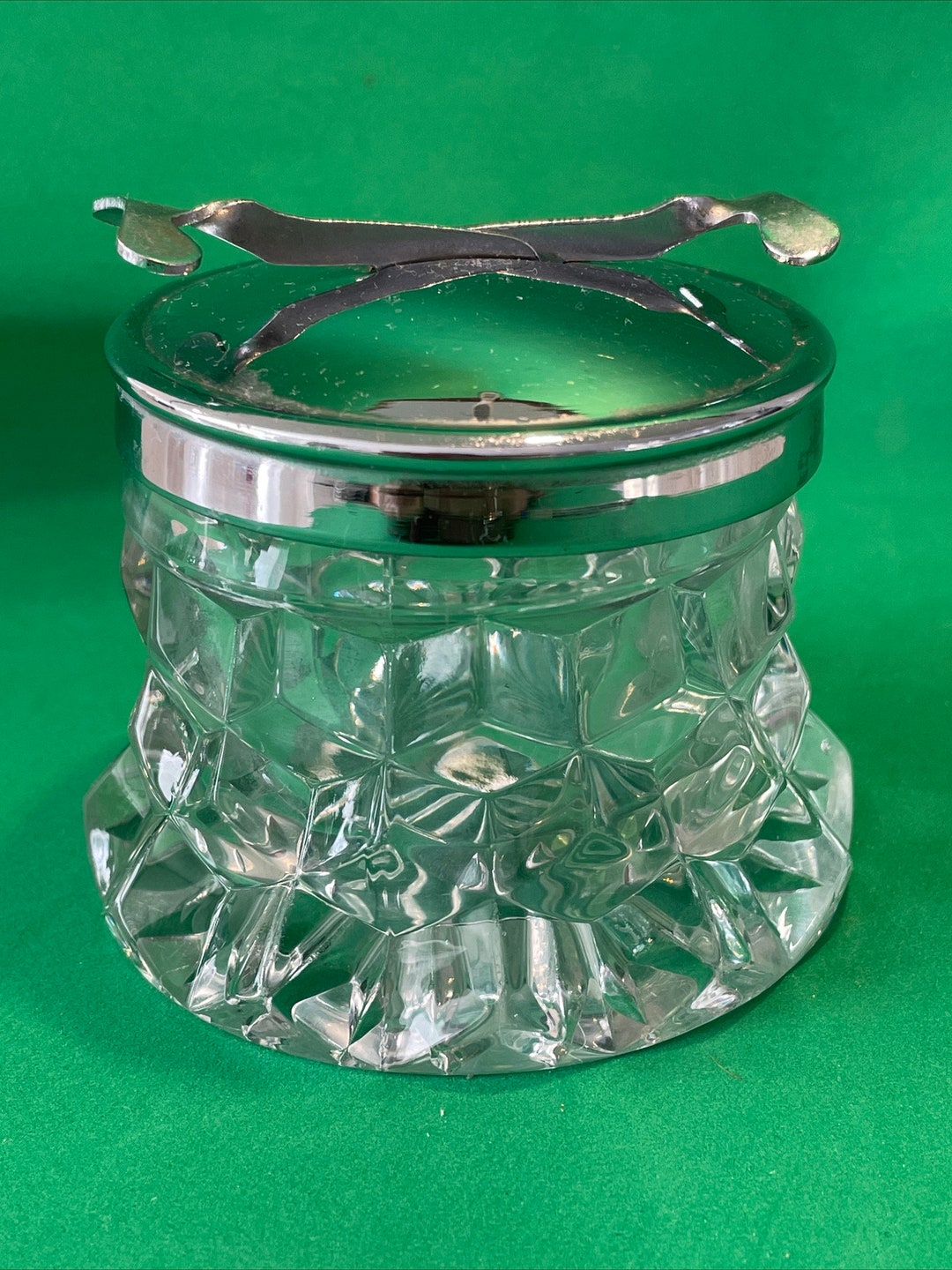 Vintage, Cut Glass Crystal Sugar Bowl & Sugar Tongs, White Metal Lid