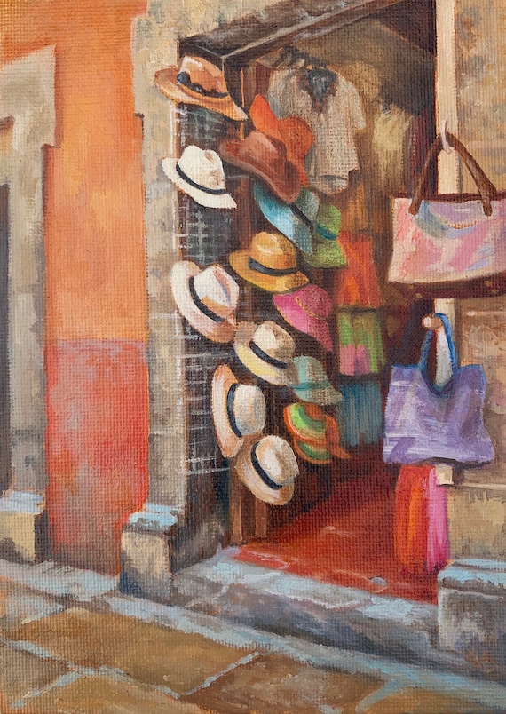 Hat Shop San Miguel, 5x7 Oil Painting on Canvas Board 