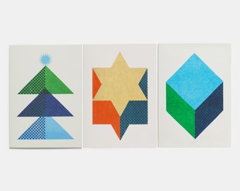 6x Geometric Christmas Cards – 2 of each design – A6 Greetings Card Pack – Risograph Print