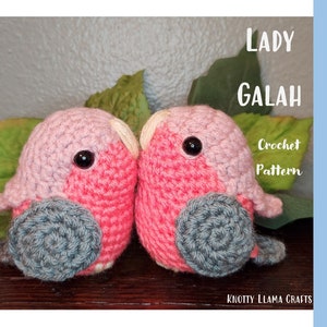 May include: Two crocheted pink and gray birds, called Lady Galah, with black eyes. The crochet pattern is available for purchase. Knotty Llama Crafts.