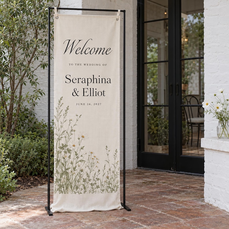 Personalized Wedding Welcome Banner, Modern Monogram and Botanical ...