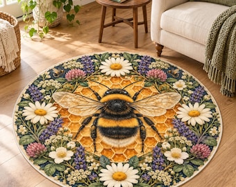 Botanical Honeybee Round Rug, Cottagecore Wildflower Daisy Carpet, Cozy Flannel Accent Floor Mat