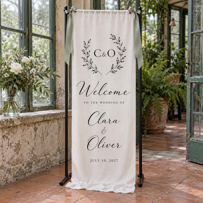 Custom Linen Wedding Welcome Sign, Fabric Wedding Banner, Personalized ...