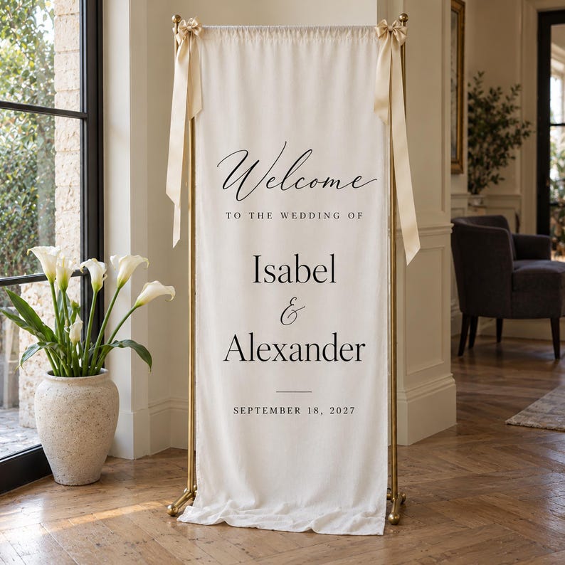 Custom Linen Wedding Welcome Sign, Fabric Wedding Banner, Personalized ...