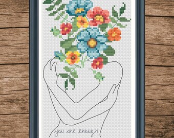 Floral 'You Are Enough' Quote Cross Stitch Pattern (PDF Download)