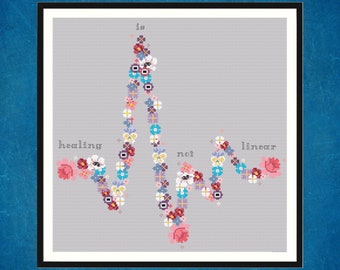 Healing is not linear floral Cross Stitch Pattern, wholesome cross stitch PDF, mental health self care cross stitch design download