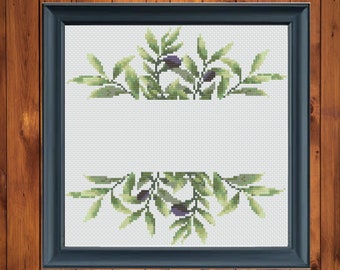 Leaf laurel green olive branch frame cross stitch pattern, custom diy xstitch, wedding bridal shower gift, baby shower, birth announcement