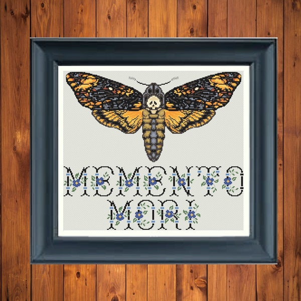 Gothic death's head moth cross stitch pattern, emo skull design, moth xtstitch chart instant pdf download, modern tattoo memento mori