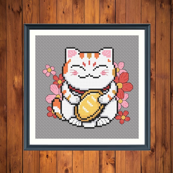 Japanese Lucky cat cross stitch pattern, maneki Neko xstitch chart, Japan cat embroidery needlepoint, small beginner cross stitch pattern