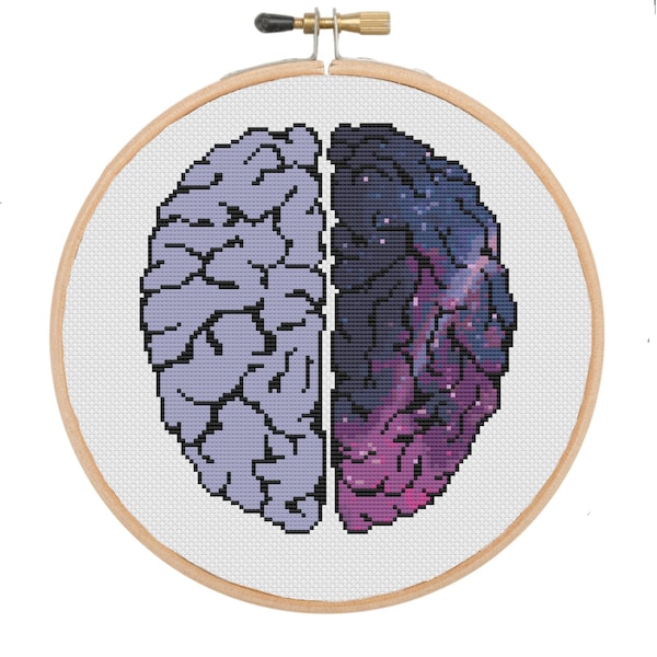 Galaxy stars brain anatomy cross stitch pattern, modern cross stitch, easy small cross stitch, funny psychology mental health cross stitch