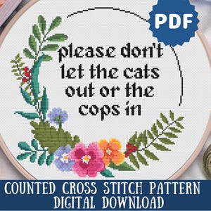 Funny Cat Cross Stitch Pattern: Snarky Floral Design (PDF)
