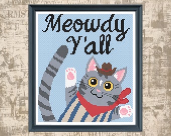Meowdy y'all cowboy Cross Stitch Pattern, funny cross stitch, crazy cat lady cross stitch, instant download, kitty cat rescue gift, nursery