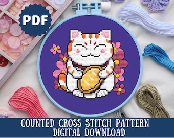 Maneki Neko Cross Stitch Pattern | Lucky Cat Cherry Blossoms | Japanese Fortune Cat PDF Digital Download | Modern Cross Stitch | Cat Lover
