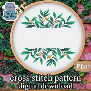 Wzór ramki z haftem krzyżykowym „Gałązka oliwna” w formacie PDF – nowoczesny haft na zamówienie, spersonalizowany prezent ślubny, natychmiastowe pobranie cyfrowe