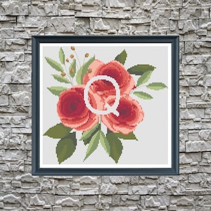 Wedding cross stitch, Monogram letter Q Roses flowers Modern cross stitch pattern, floral xstitch, nursery cross stitch, baby shower gift