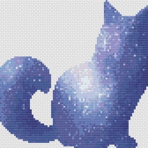 Puede incluir: Una silueta de gato azul y morado con un patr&oacute;n de cielo estrellado. El gato est&aacute; sentado con la cola enroscada alrededor de su cuerpo.