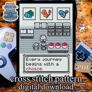 Wzór haftu krzyżykowego „Pokemon Journey” w formacie PDF – prezent dla geeków Nintendo Gamer i inspirujący cytat o trzeźwości, możliwość natychmiastowego pobrania w wersji cyfrowej