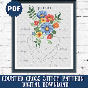 You Are Enough Cross Stitch Pattern: Floral Self-Embrace (PDF)
