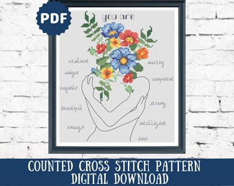 You Are Enough Cross Stitch Pattern: Floral Self-Embrace (PDF)