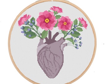 floral Heart anatomy cross stitch pattern, modern cross stitch, science anatomy cross stitch, colorful unique anatomical cross stitch