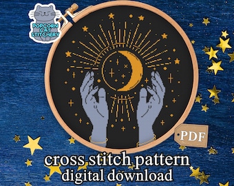 Witchy Cross Stitch Pattern PDF – Celestial Moon Witch Tarot Embroidery, Mystical Wall Art, Goth Gift, Instant Digital Download