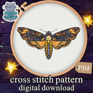 Death’s Head Moth Cross Stitch Pattern PDF – Tattoo Embroidery Design, Goth Gift, Spooky Halloween Decor, Instant Digital Download