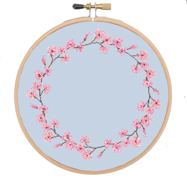 Roze kersenbloesem bloemen bloem krans kruissteek frame patroon, huwelijksverjaardag pdf patroon, geboorteaankondiging baby shower cadeau