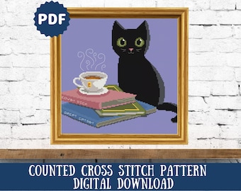 Black Cat Cross Stitch Pattern: Cozy Books & Tea (Digital Download)