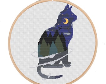 Cat Moon Landscape Cross Stitch Patttern, instant download pdf, crazy cat lady cross stitch design, cat silhouette, kitty cat rescue