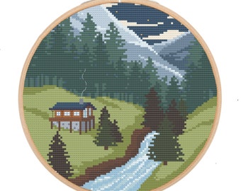 mountain scene Landscape cross stitch pattern, cozy cabin pattern, instant download, pdf pattern, modern cross stitch pattern chart