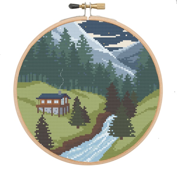 mountain scene Landscape cross stitch pattern, cozy cabin pattern, instant download, pdf pattern, modern cross stitch pattern chart
