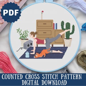 Yoga with Cat Cross Stitch Pattern: Funny Home Decor (Digital PDF Download)