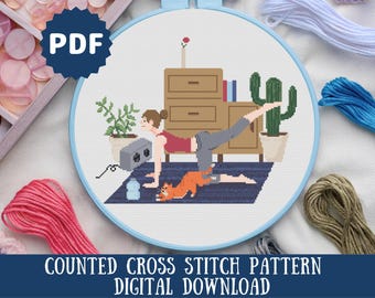 Yoga with Cat Cross Stitch Pattern: Funny Home Decor (Digital PDF Download)