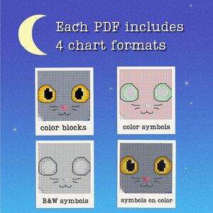 May include: An image with a night sky background and a crescent moon. The text reads "Each PDF includes 4 chart formats." Four cross-stitch cat face charts are displayed, labeled "color blocks," "color symbols," "B&W symbols," and "symbols on color."
